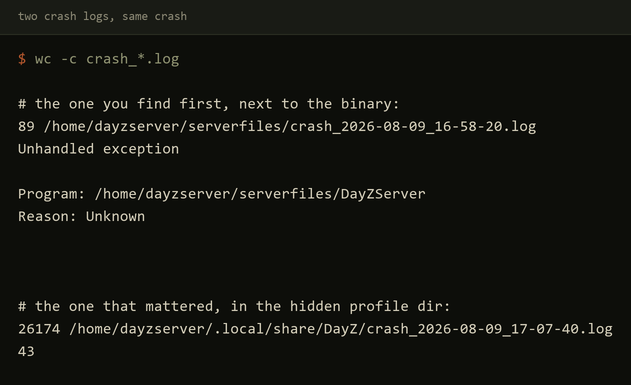 Two crash logs for the same crash: 89 bytes saying Reason Unknown, and 26174 bytes with 43 exception blocks