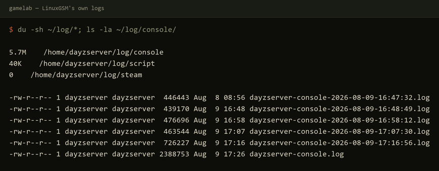 The LinuxGSM log directory: 5.7M of console logs, 40K of script logs