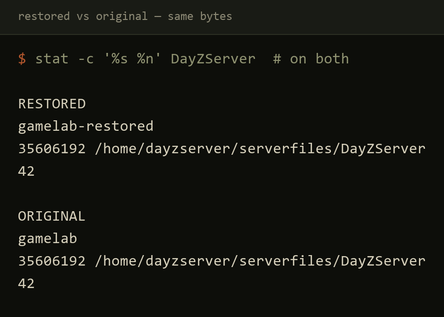 Side by side check of the restored and original containers showing identical binary size and file counts