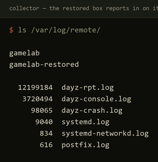 The log collector listing two host directories, gamelab and gamelab-restored