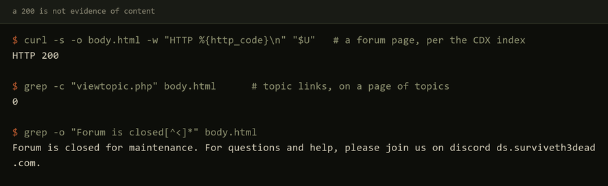 curl showing HTTP 200, zero topic links, and a maintenance notice in the body
